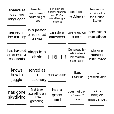 ELCA Global Gathering Get-to-Know-You BINGO! Bingo Card