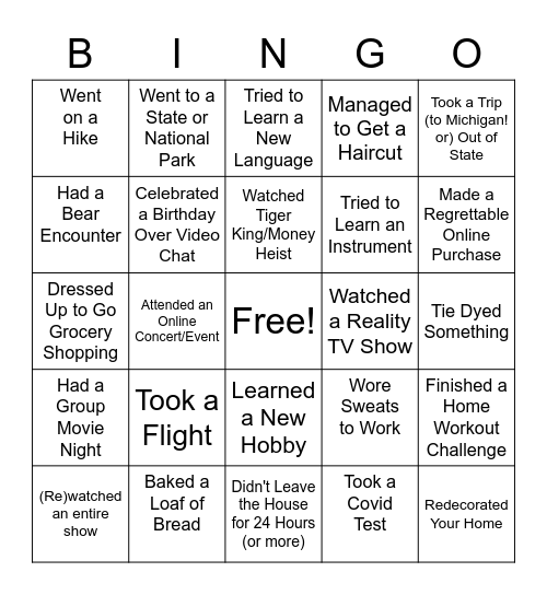 PCM Quarantine Bingo Card