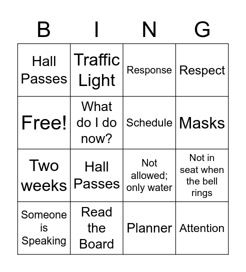 Classroom Procedures Bingo Card
