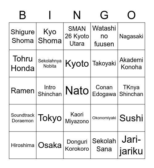 ; s a n a ; Bingo Card