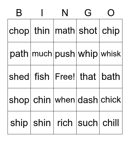 digraphs Bingo Card