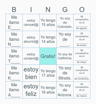 ¿Quienes son tus companeros de clase? Bingo Card