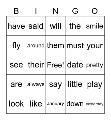 Sight Words Bingo Card