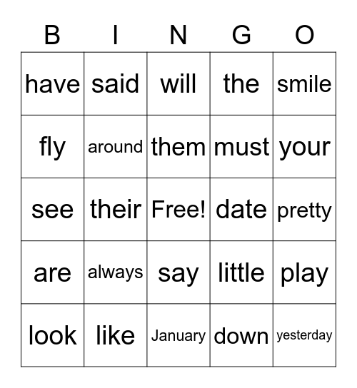 Sight Words Bingo Card