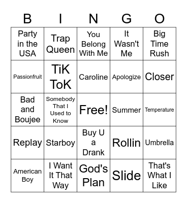 Playlist Bingo Card