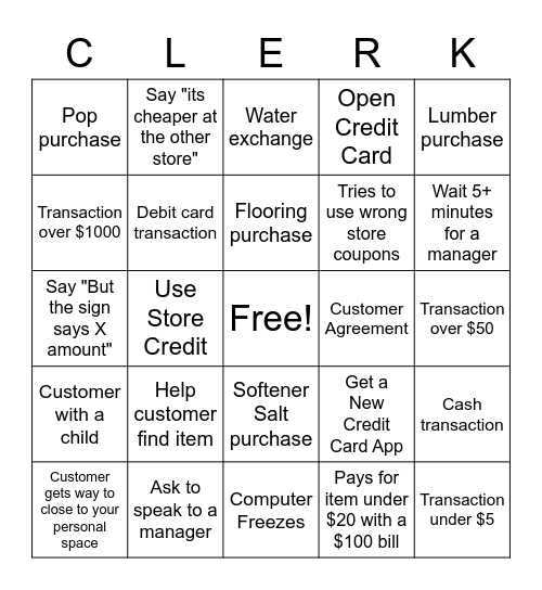 Crazy Clerks Ceno Bingo Card