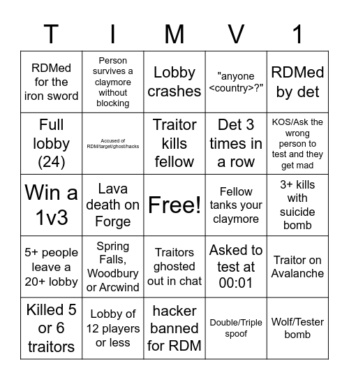 TIMV Bingo 1st Edition Bingo Card