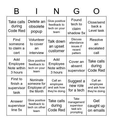 Supervisor Weekly BINGO! Date:_________ Bingo Card