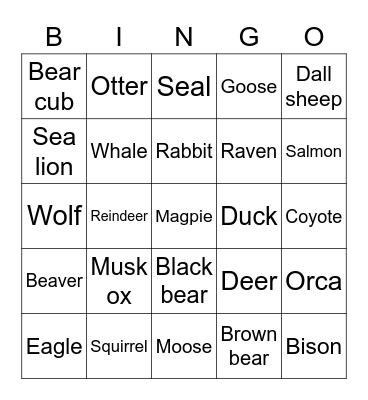 Alaskan Wildlife Bingo Card