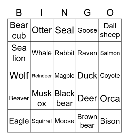 Alaskan Wildlife Bingo Card