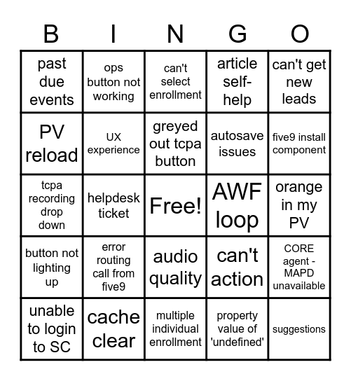 App Support Bingo Card