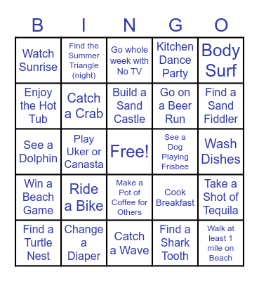 Beach Week Bingo Card