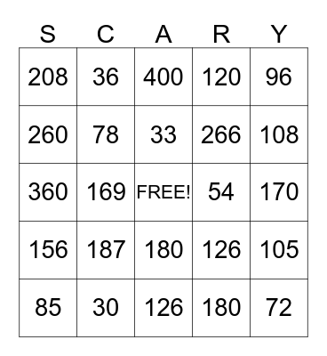 Halloween Math Bingo Card