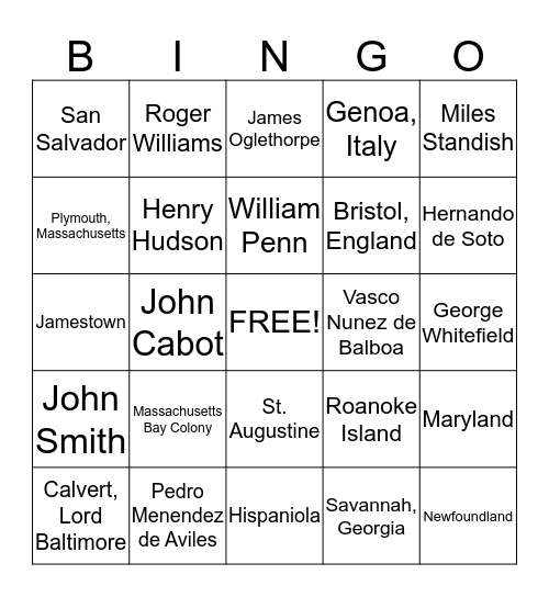 Early American Bingo Card