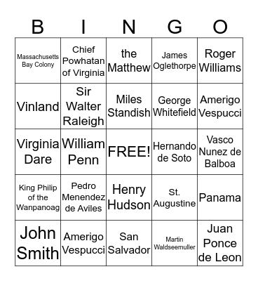 Early American Bingo Card