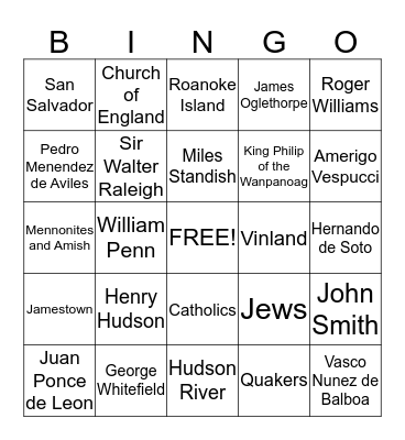 Early American Bingo Card