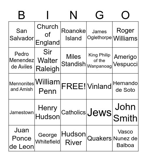 Early American Bingo Card