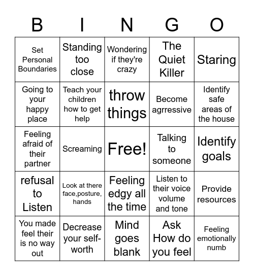 Emotional/Anger/Safety Planning Bingo Card