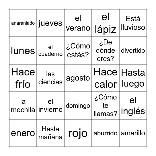 Repaso de Para Empezar: Español 1 Bingo Card