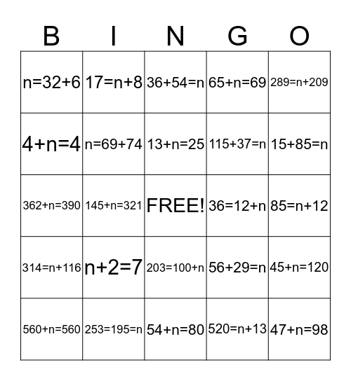 Addition Equation  Bingo Card