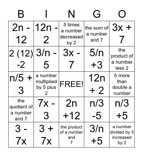 writing and reading expressions Bingo Card