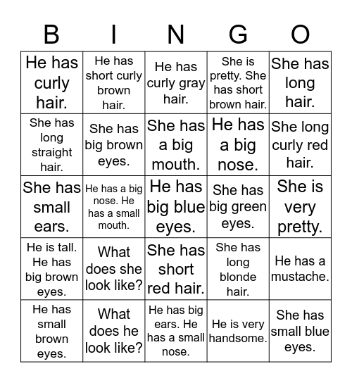 What does she/he look like? Bingo Card