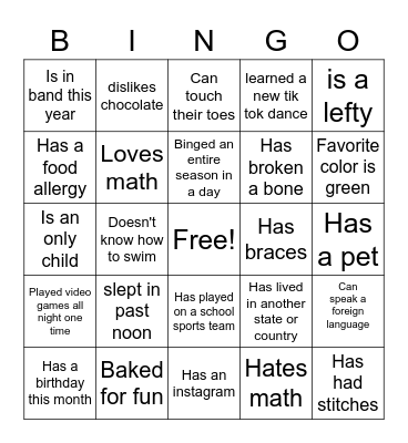 First Day Bingo Card