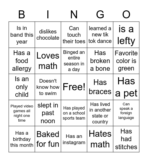 First Day Bingo Card