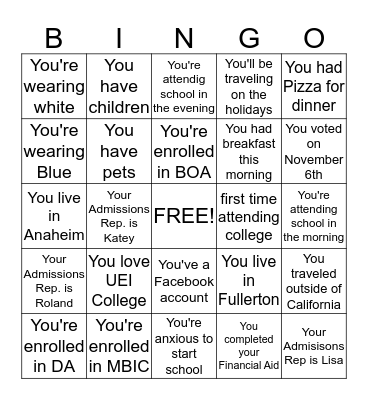 UEI Collge Bingo Card