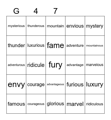 Gold 47 Bingo Card