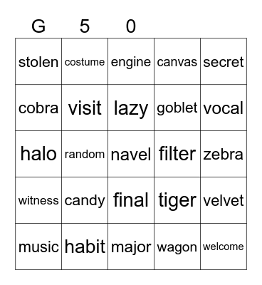 Gold 50 Bingo Card
