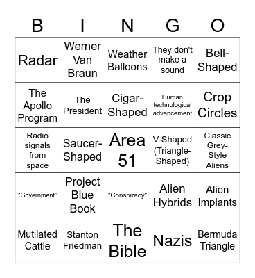Alien TV Show Bingo Card