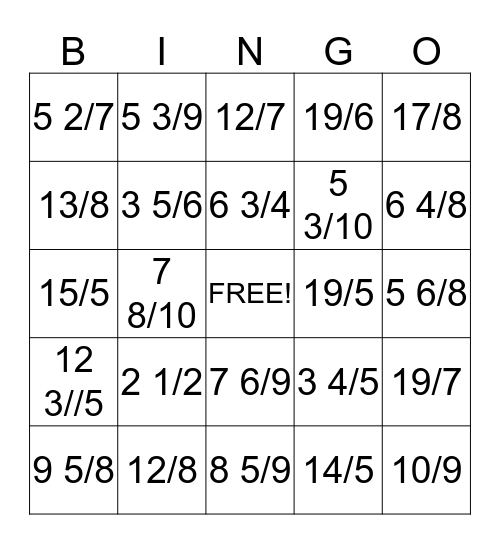 Mixed Number to Fraction and Back Bingo Card