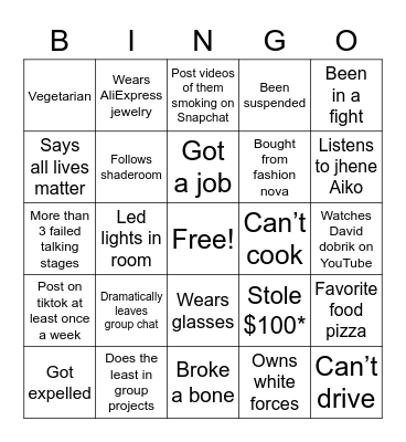 Toxic friend bingo Card