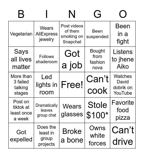 Toxic friend bingo Card