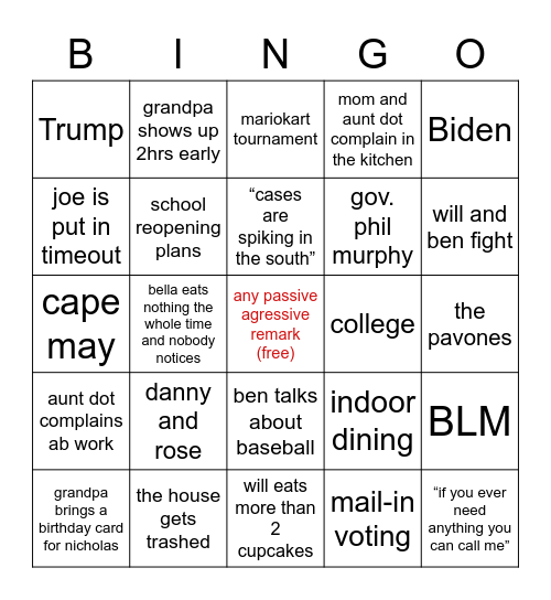 Family Barbeque Bingo Card