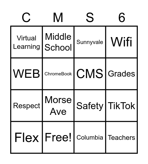 Columbia Middle School Bingo Card