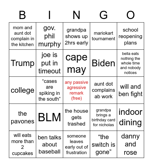 Family Barbeque Bingo Card