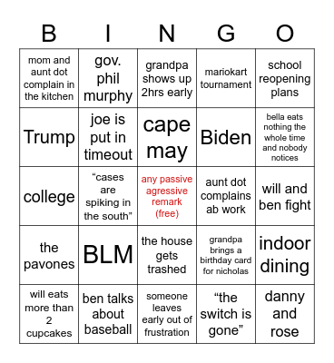 Family Barbeque Bingo Card