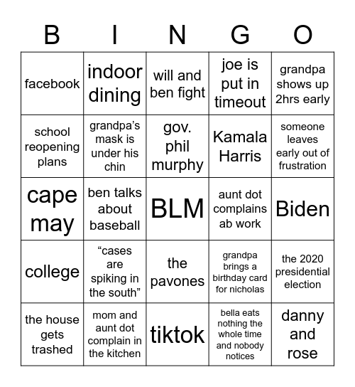 Family Barbeque Bingo Card