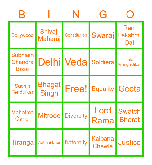 Independence Day 15th August Bingo Card