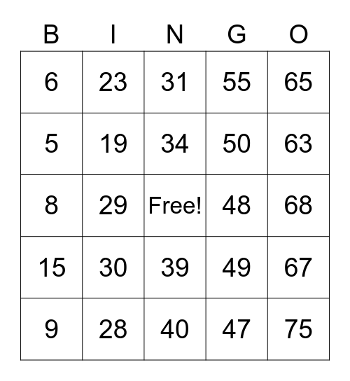 Number Bingo 1-55 Bingo Card