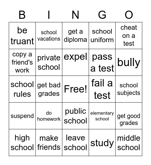 School life Bingo Card