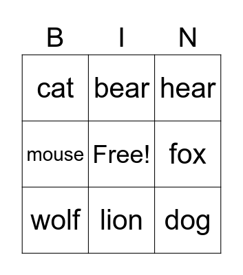 animals Bingo Card