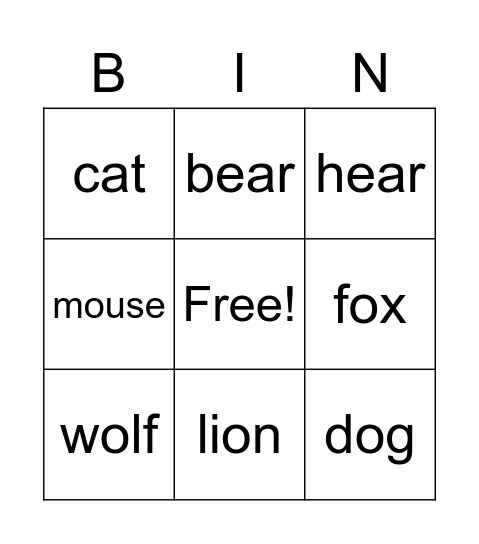 animals Bingo Card