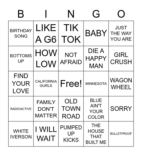 2010s SONGS Bingo Card