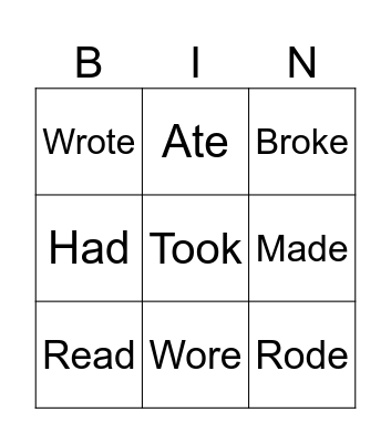 Irregular Verbs 001 Bingo Card