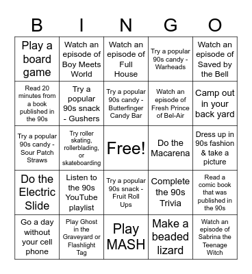 90s Bingo Challenge Bingo Card