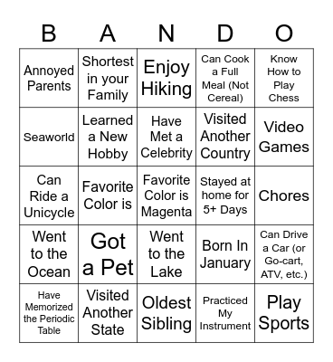 Band Bingo Card