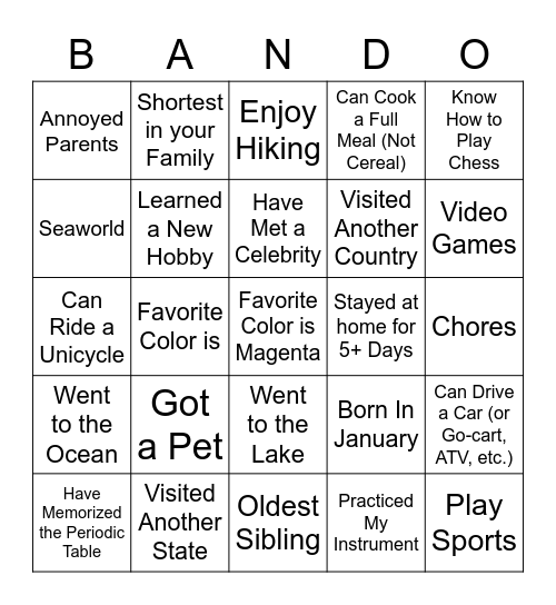 Band Bingo Card